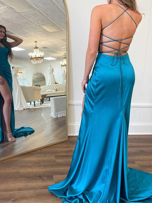 Sexy Spaghetti Strap Mermaid Sleeveless With Front Slit Long Prom Dresses For Party, PG109