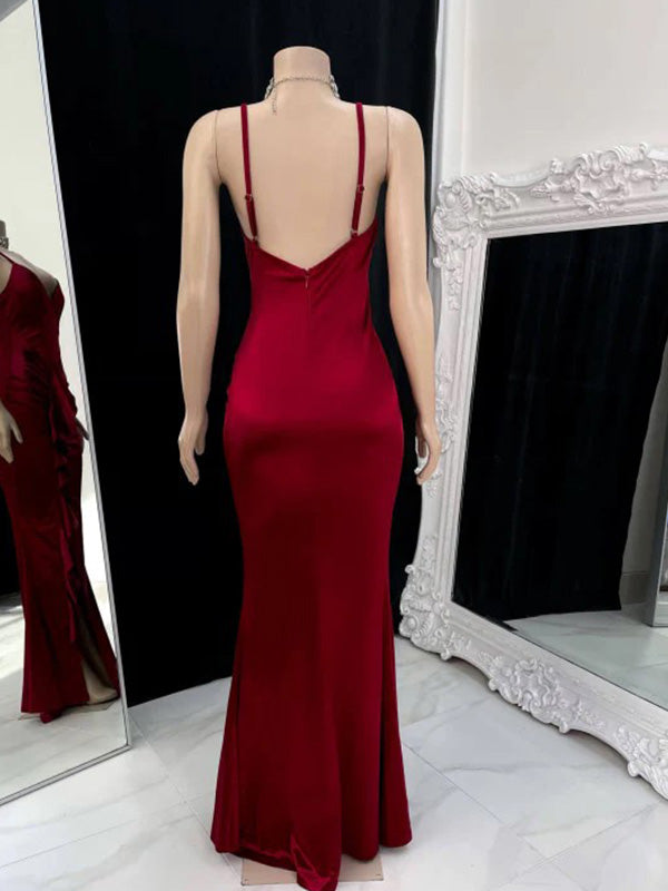 Sexy Spaghetti Strap Sleeveless Mermaid Satin Dark Red Long Prom Dresses With Slit For Party, PG449