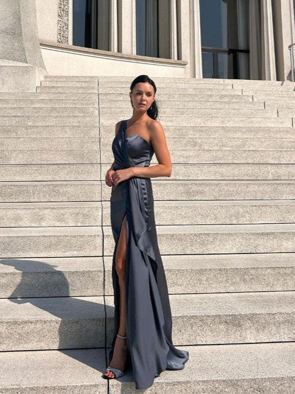 Soft One-shoulder Sleeveless Mermaid Satin Long Prom Dresses For Party, PG473