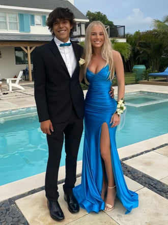 Sexy V-neck Sleeveless Mermaid Satin Long Prom Dresses For Party, PG1024