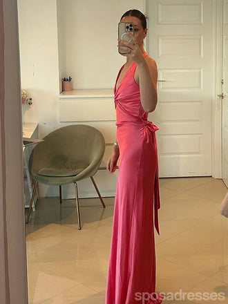 Sexy V-neck Sleeveless Mermaid Satin Long Prom Dresses For Party, PG944