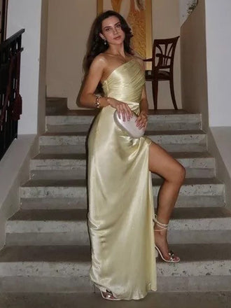 Sexy One-shoulder Sleeveless Mermaid Satin Long Prom Dresses For Party, PG829