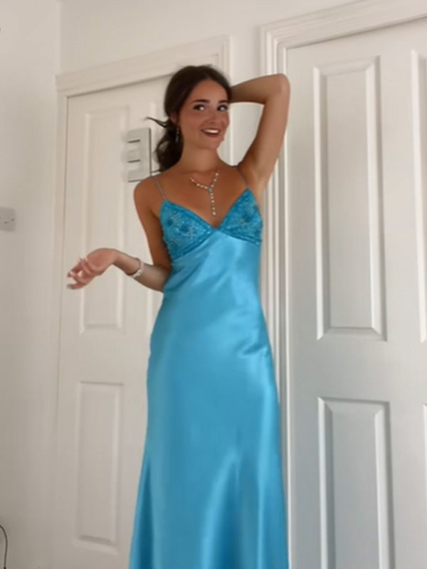 Formal Spaghetti Strap Sleeveless Mermaid Satin Long Prom Dresses For Party, PG445