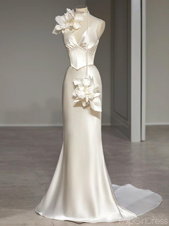 Unique V-neck Sleeveless Mermaid White Long Prom Dresses with Trailing,PG21