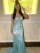 Elegant Spaghetti Strap V-neck Sleeveless Mermaid Lace Long Prom Dresses For Party, PG555
