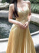 Elegant Spaghetti Strap V-neck Sleeveless A-line Satin Long Prom Dresses For Party, PG477