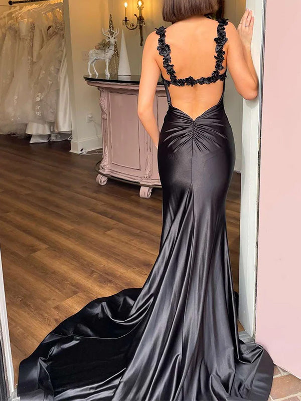 Sexy Spaghetti Strap Black Sleeveless Mermaid Long Prom Dresses With Trailing For Party, PG193