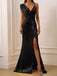 Sexy V-neck  Sleeveless Mermaid Black Long Prom Dresses with Front Split,PG20