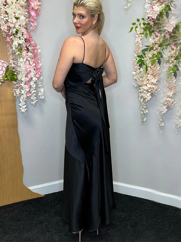 Sexy Spaghetti Strap Black Sleeveless Mermaid Satin Long Prom Dresses For Party, PG257
