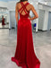 Elegant V-neck Sleeveless Red Velvet A-line Long Prom Dresses With Front Slit For Party, PG249