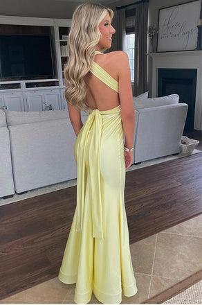 Sexy V-neck Sleeveless Mermaid Satin Long Prom Dresses For Party, PG799