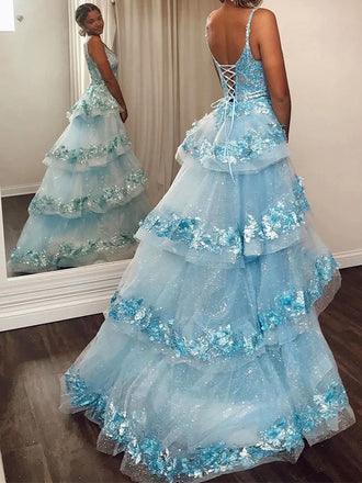 Elegant Spaghetti Strap V-neck Sleeveless Tulle Mermaid Long Prom Dresses With Trailing For Party, PG245