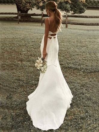 Simple Spaghetti Strap Sleeveless Mermaid White Satin Long Wedding Dresses With Trailing, PGW21