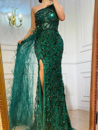 Elegant Asymmetric Sleeveless Mermaid Lace Long Prom Dresses For Party, PG695