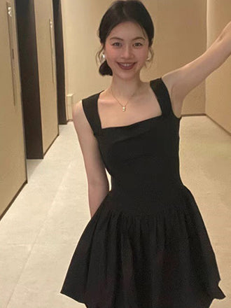 Elegant Square Sleeveless A-line Satin Black Homecoming Dresses For Party, PGH349