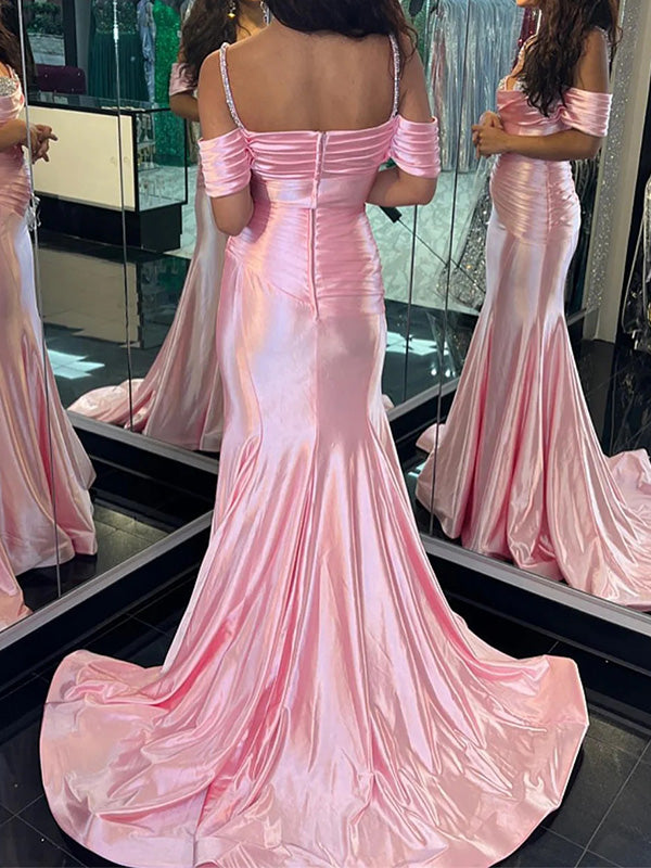 Sexy Off-shoulder Sleeveless Mermaid Satin Pink Long Prom Dresses With Trailing For Party, PG265