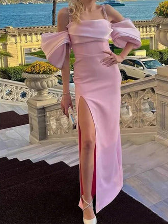 Soft Off-shoulder Sleeveless Mermaid Satin Long Prom Dresses For Party, PG719