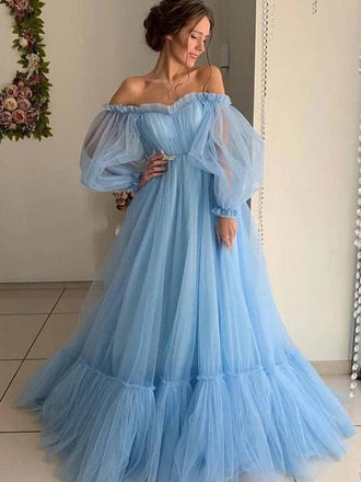 Elegant Off-shoulder Sleeveless A-line Tulle Long Prom Dresses For Party, PG373