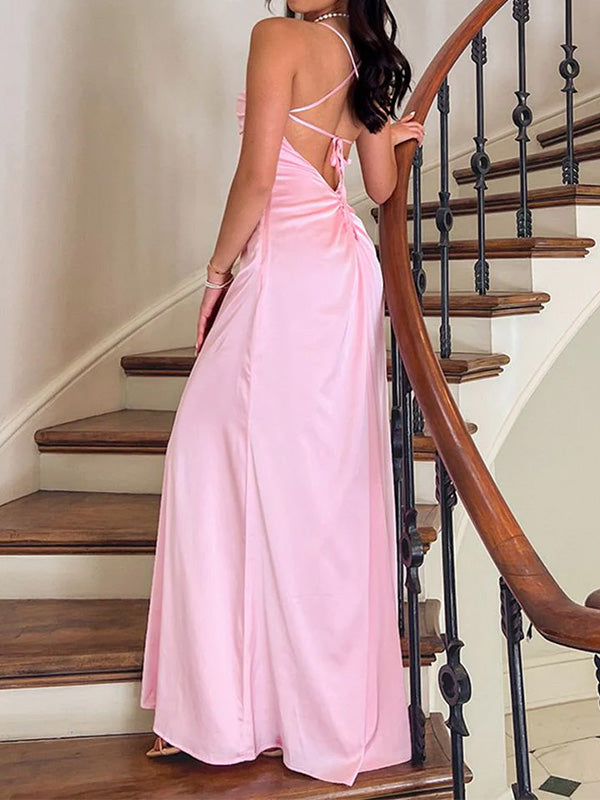 Simple Spaghetti Strap Sleeveless A-line Satin Long Prom Dresses For Party, PG309