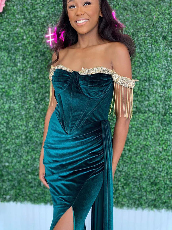 Sexy Off-shoulder Sleeveless Mermaid Velvet Long Prom Dresses For Party, PG333