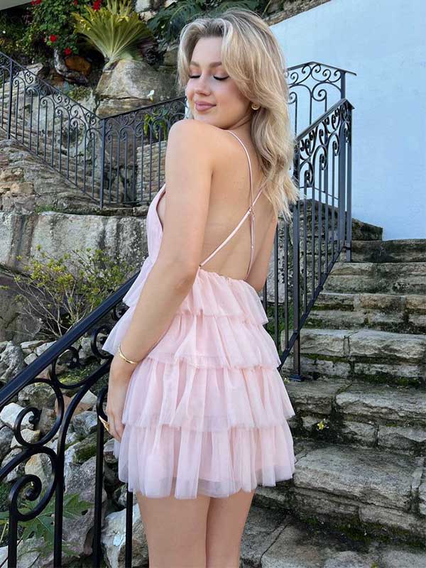 Cute V-neck Sleeveless A-line Tulle Pink Homecoming Dresses For Party, PGH449