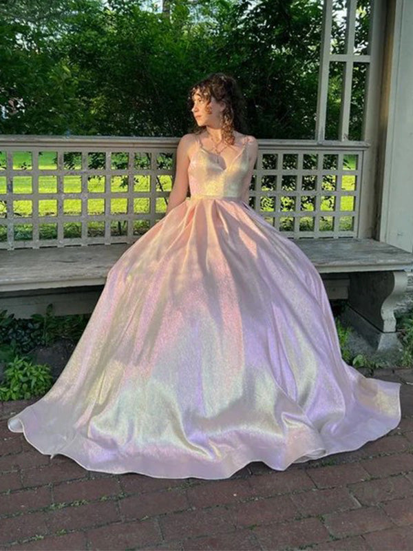 Cute Spaghetti Strap Sleeveless A-line Satin Pink Long Prom Dresses For Party, PG507