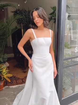 Simple Square Sleeveless Mermaid Satin White Long Prom Dresses For Party, PG409