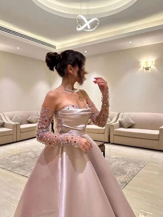 Formal Gown Full Sleeve A-line Satin Long Prom Dresses For Party, PG479