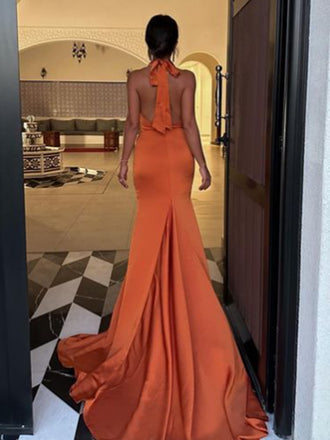 Simple Halter Sleeveless Mermaid Satin Long Prom Dresses For Party, PG627