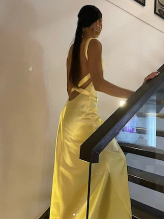 Sexy V-neck Sleeveless Mermaid Satin Long Prom Dresses For Party, PG866