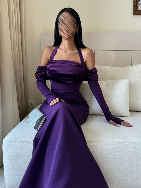 Sexy Off-shoulder Sleeveless Mermaid Satin Long Prom Dresses For Party, PG739