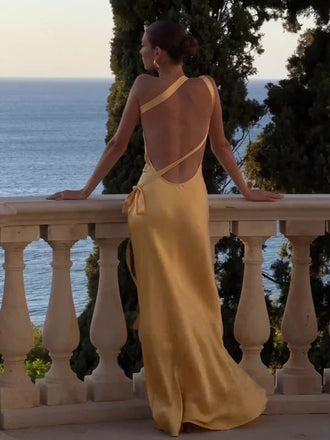 Sexy One-shoulder Sleeveless Mermaid Satin Long Prom Dresses For Party, PG785