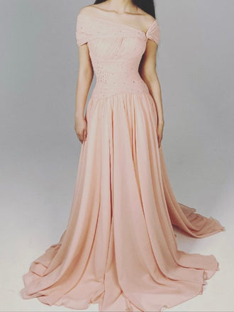 Elegant Off-shoulder Sleeveless Mermaid Chiffon Long Prom Dresses For Party, PG542
