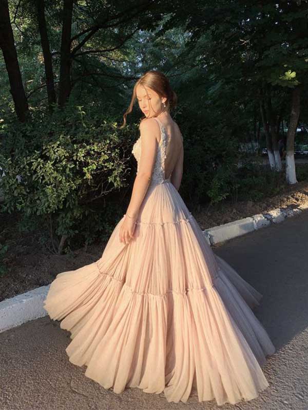 Elegant V-neck Sleeveless A-line Tulle Long Prom Dresses For Party, PG405