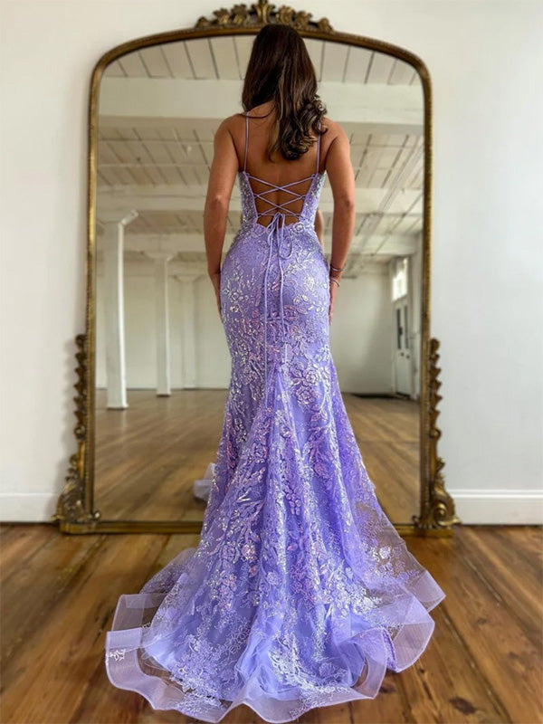 Sexy Spaghetti Strap Mermaid Lace Long Prom Dresses With Trailing For Party, PG221