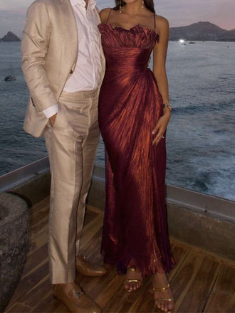 Elegant Spaghetti Strap Sleeveless Mermaid Satin Long Prom Dresses For Party, PG619