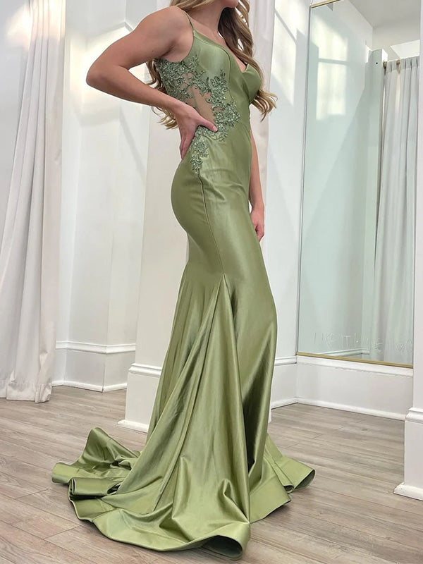 Gorgeous Spaghetti Strap Sleeveless Satin Mermaid Long Prom Dresses With Trailing For Party, PG241