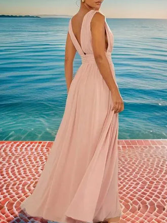 Casual V-neck Sleeveless A-line With Side Split Long Prom Dresses, PG69