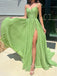 Elegant Spaghetti Strap Sleeveless A-line Long Prom Dresses With Front Slit For Party, PG233