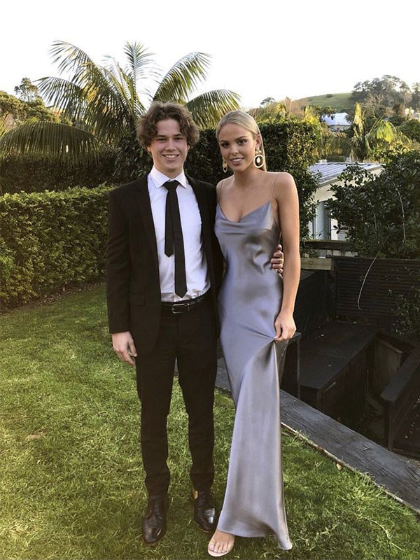 Sexy Spaghetti Strap V-neck Sleeveless Mermaid Satin Long Prom Dresses For Party, PG341