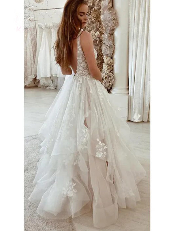 Sexy V-neck Sleeveless A-line White Long Tulle Wedding Dresses, PGW17