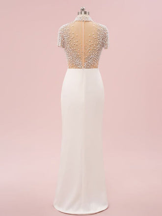 Elegant Cap Sleeve Beading Mermaid Satin Long Prom Dresses For Party, PG217