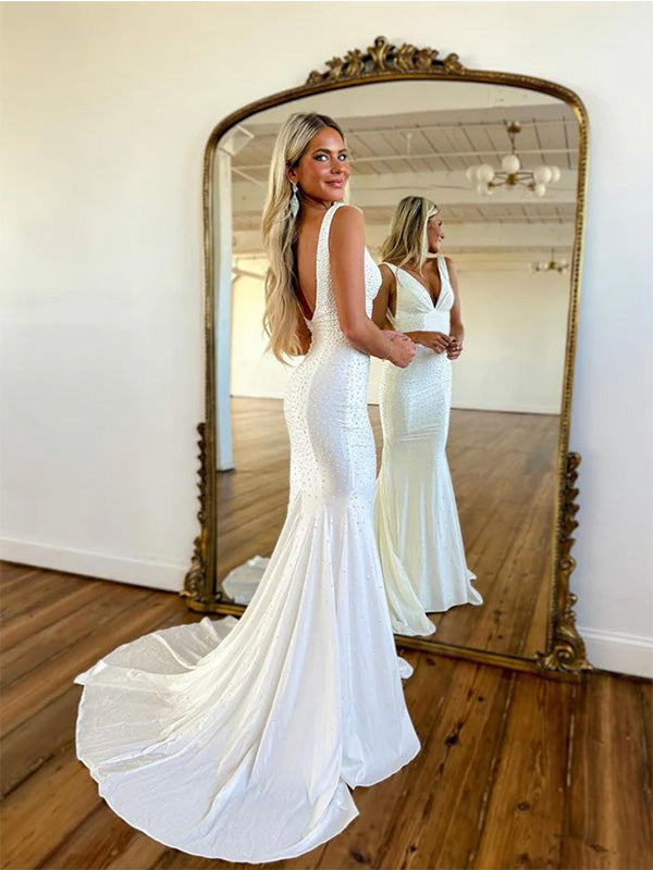 Sexy V-neck Sleeveless White Mermaid Long Prom Dresses With Trailing For Party, PG197