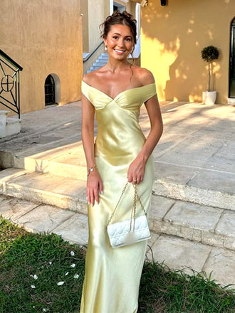 Soft Off-shoulder Sleeveless Mermaid Satin Long Prom Dresses For Party, PG607