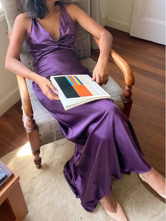 Soft V-neck Sleeveless Mermaid Satin Long Prom Dresses For Party, PG825