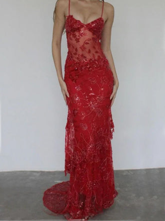 Elegant Spaghetti Strap Sleeveless Mermaid Lace Long Prom Dresses For Party, PG587