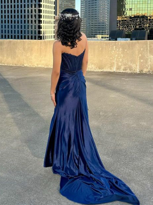 Sexy Sweetheart Sleeveless Mermaid Satin Long Prom Dresses For Party, PG683