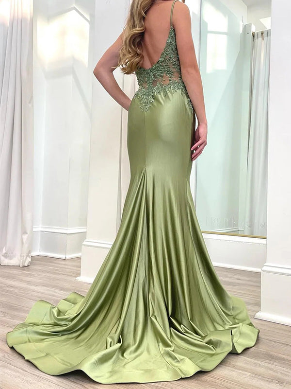 Gorgeous Spaghetti Strap Sleeveless Satin Mermaid Long Prom Dresses With Trailing For Party, PG241