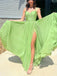 Elegant Spaghetti Strap Sleeveless A-line Long Prom Dresses With Front Slit For Party, PG233