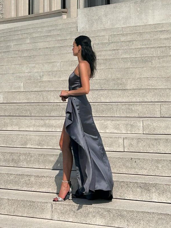 Soft One-shoulder Sleeveless Mermaid Satin Long Prom Dresses For Party, PG473